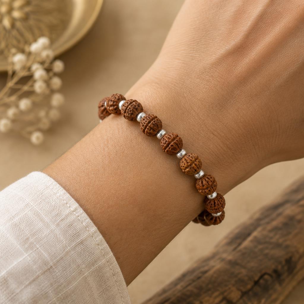 5 Mukhi Bracelet — Silver Spacers — worn on wrist (sample photograph)