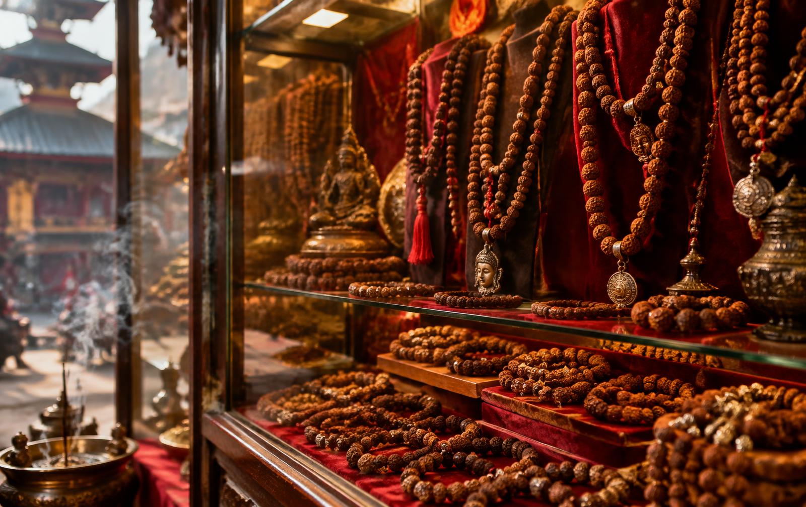 Shop display case with rudraksha malas, bracelets and pendants (sample photograph)