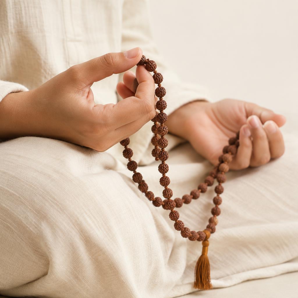 5 Mukhi Nepali Japa Mala — 108+1, 8mm — held in hand (sample photograph)