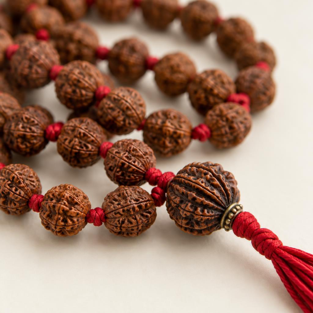 5 Mukhi Java Mala — 108+1, 6mm — bead and knot close-up (sample photograph)